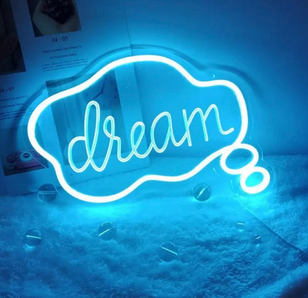 Neon blue “ Dream” sign